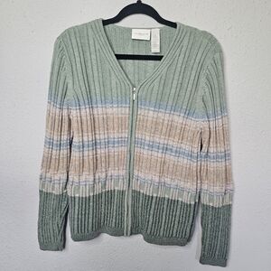 Liz Claiborne Sweater Womens Medium Zip Up‎ Thick Knit Striped Fall Green V Neck